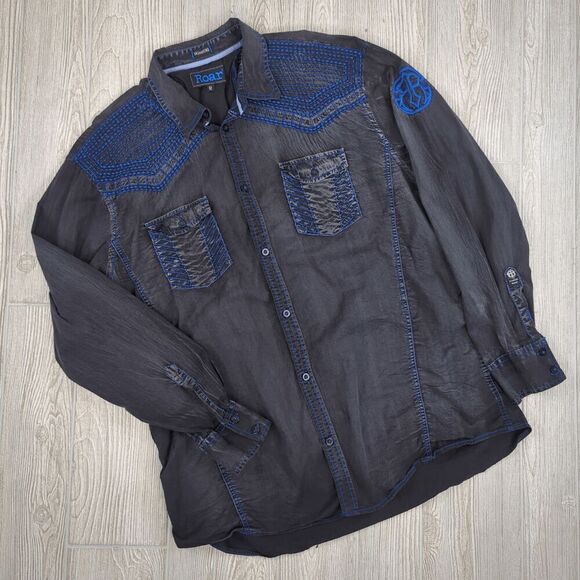 Signature Roar Men's Size XL Black Blue Western Ranch Cowboy Button Down Shirt - Picture 1 of 12
